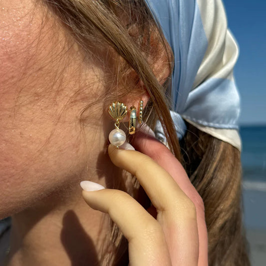 Gold Shell Pearl Dangle Earrings